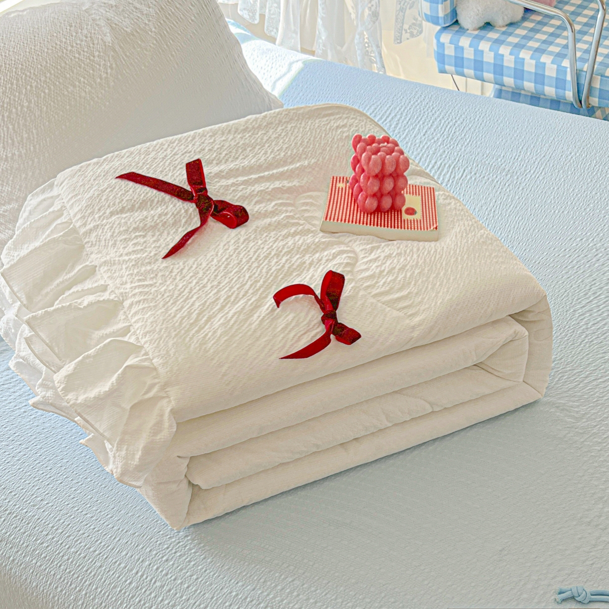 91家纺网 家纺一手货源 找家纺 （总）爱彼家纺 2026新款纯色花边蝴蝶结夏被空调被夏凉被