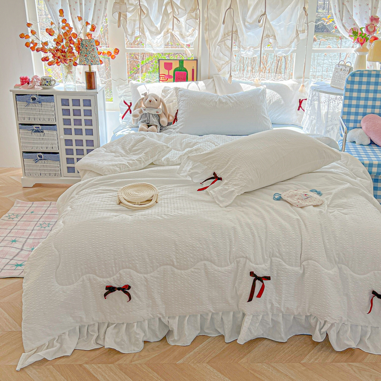 91家纺网 家纺一手货源 找家纺 （总）爱彼家纺 2026新款纯色花边蝴蝶结夏被空调被夏凉被