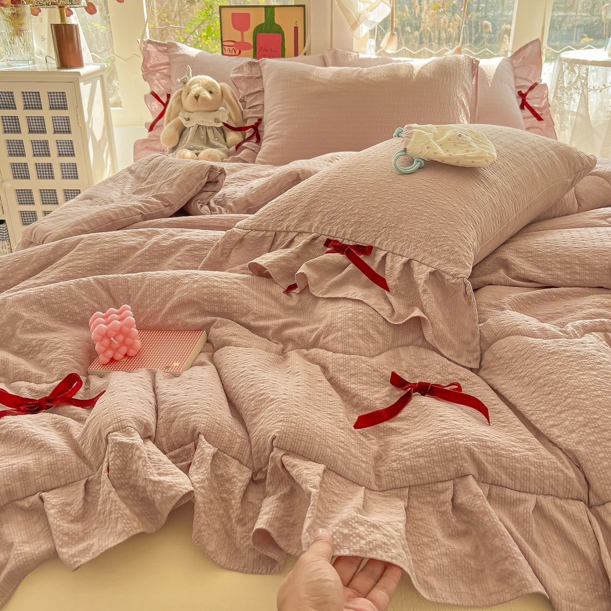 91家纺网 家纺一手货源 找家纺 （总）爱彼家纺 2026新款纯色花边蝴蝶结夏被空调被夏凉被