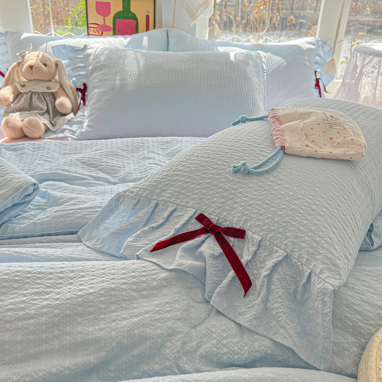 91家纺网 家纺一手货源 找家纺 爱彼家纺 2026新款纯色花边蝴蝶结夏被空调被夏凉被 蝴蝶结夏被-海盐奶芙