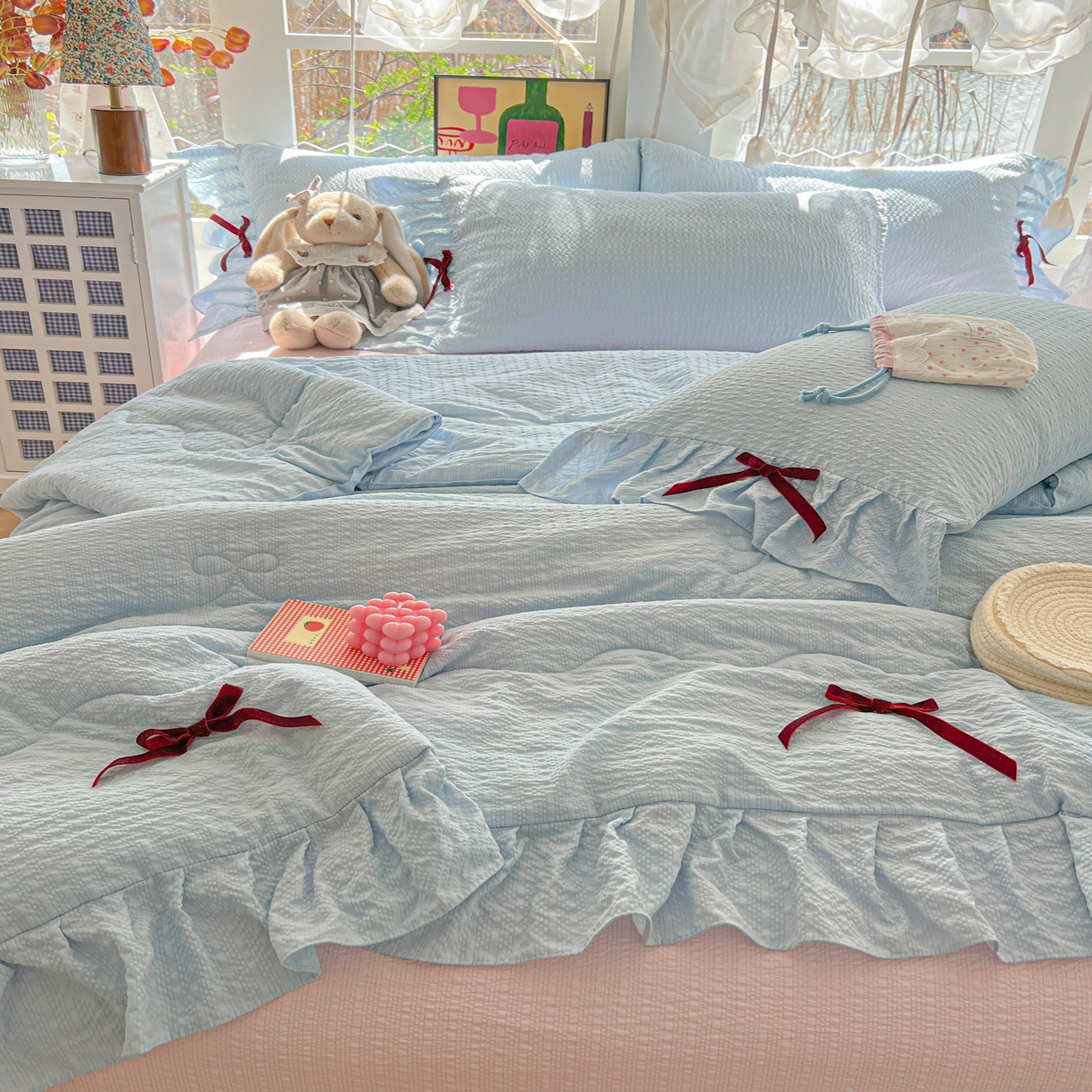 91家纺网 家纺一手货源 找家纺 爱彼家纺 2026新款纯色花边蝴蝶结夏被空调被夏凉被 蝴蝶结夏被-海盐奶芙