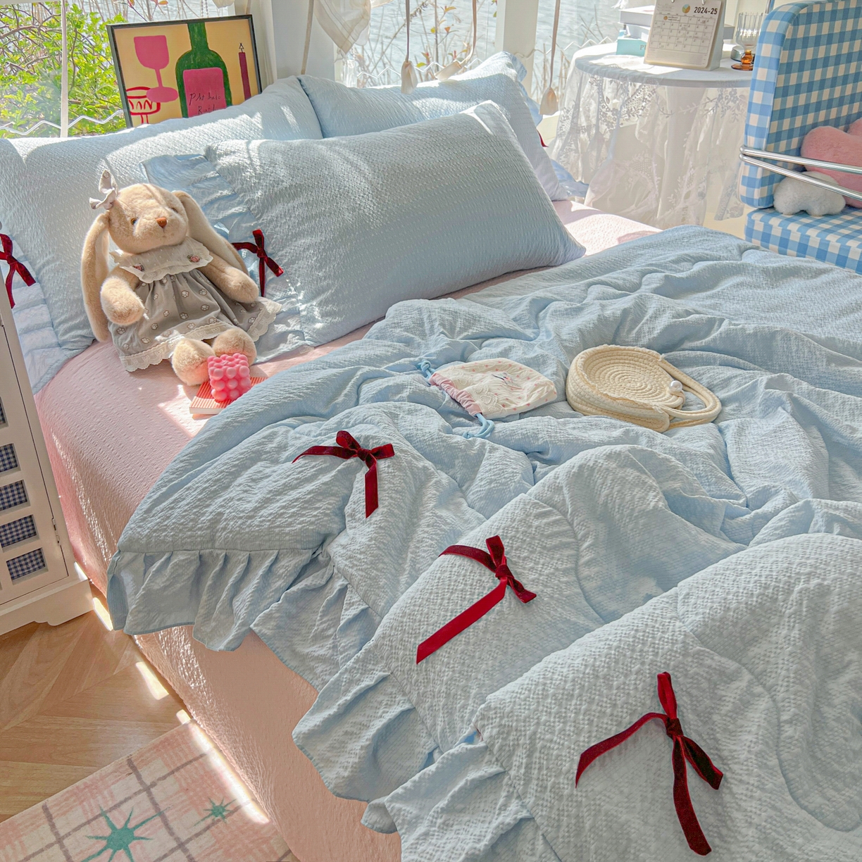 91家纺网 家纺一手货源 找家纺 爱彼家纺 2026新款纯色花边蝴蝶结夏被空调被夏凉被 蝴蝶结夏被-海盐奶芙