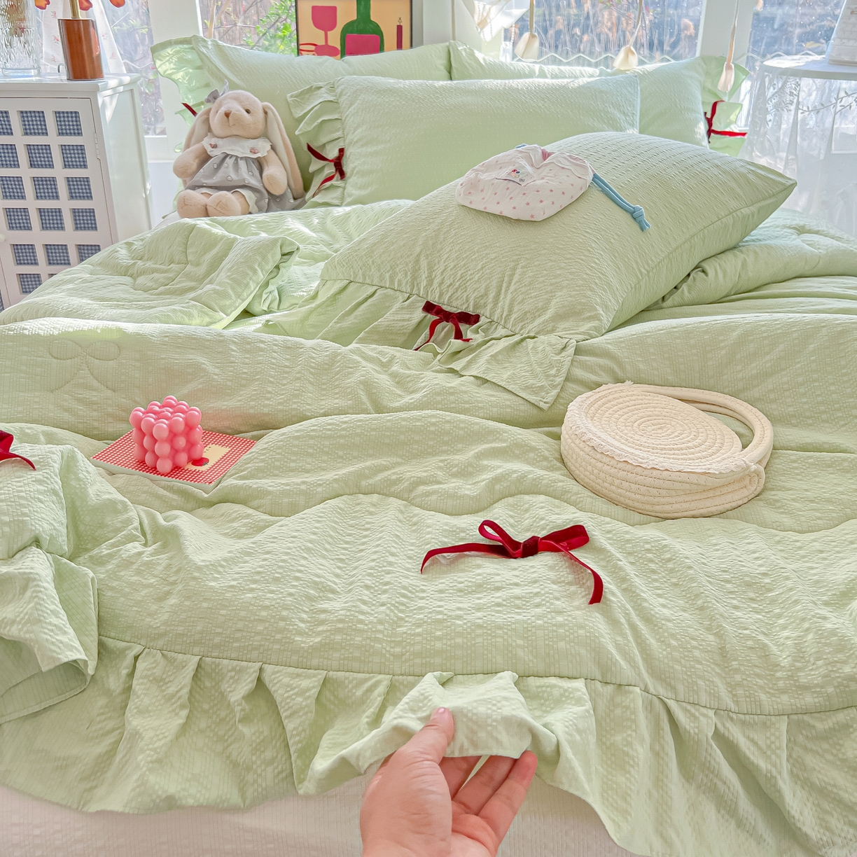 爱彼家纺 2026新款纯色花边蝴蝶结夏被空调被夏凉被 蝴蝶结夏被-抹茶奶芙