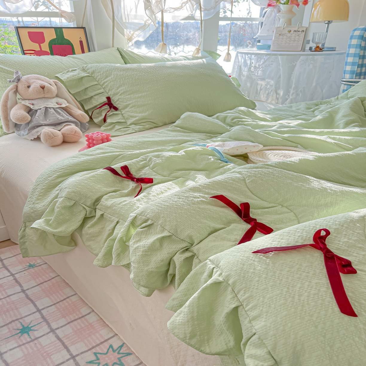 91家纺网 家纺一手货源 找家纺 爱彼家纺 2026新款纯色花边蝴蝶结夏被空调被夏凉被 蝴蝶结夏被-抹茶奶芙