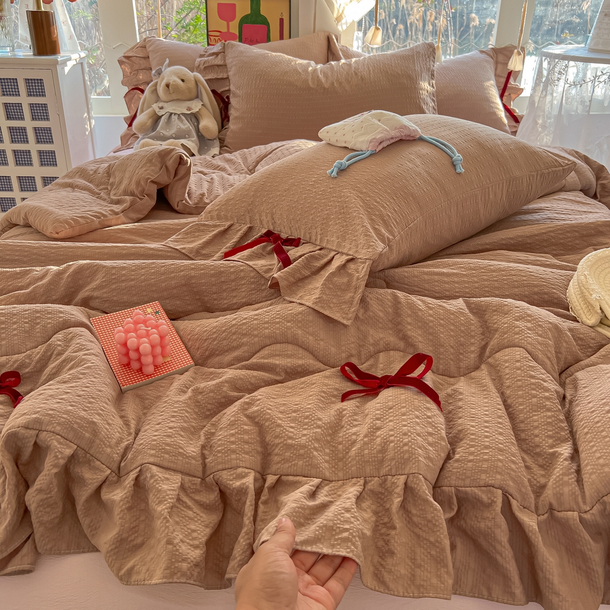 爱彼家纺 2026新款纯色花边蝴蝶结夏被空调被夏凉被 蝴蝶结夏被-拿铁奶芙