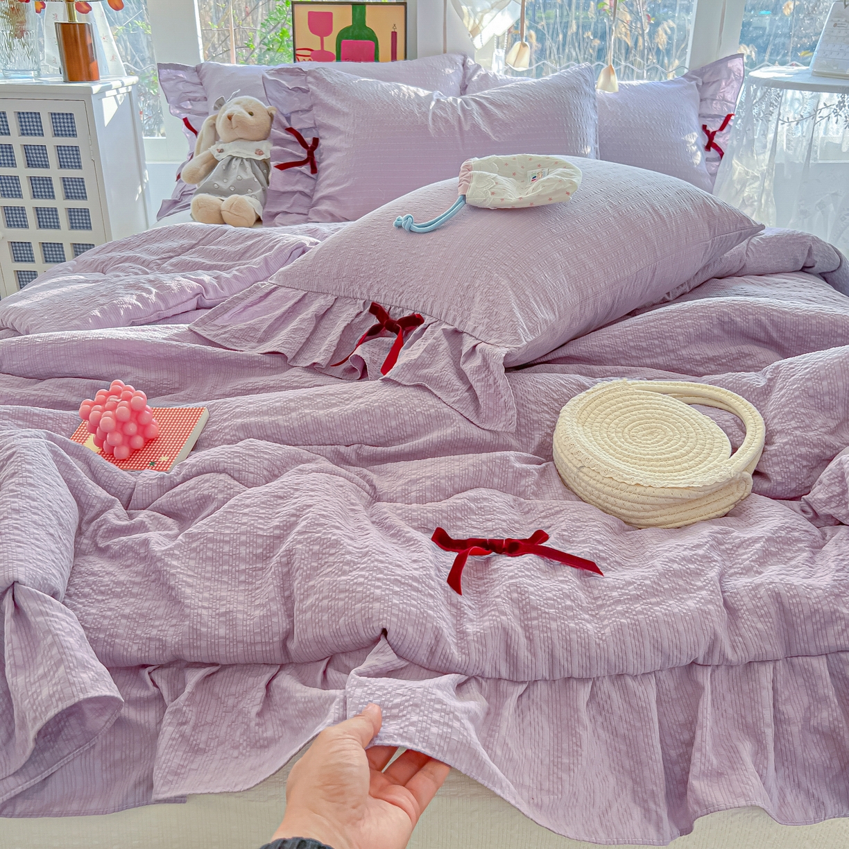 爱彼家纺 2026新款纯色花边蝴蝶结夏被空调被夏凉被 蝴蝶结夏被-小兔芋泥