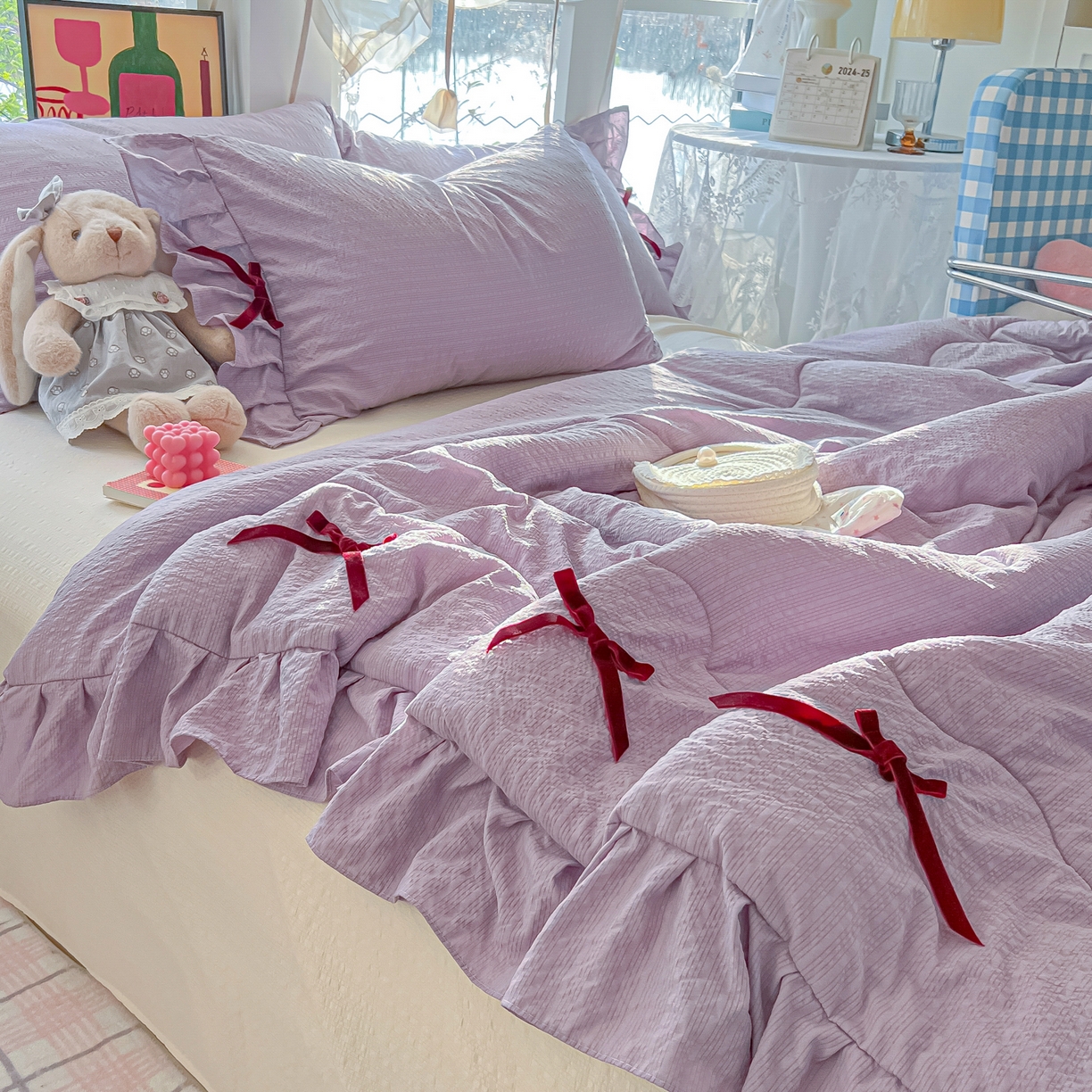 91家纺网 家纺一手货源 找家纺 爱彼家纺 2026新款纯色花边蝴蝶结夏被空调被夏凉被 蝴蝶结夏被-小兔芋泥