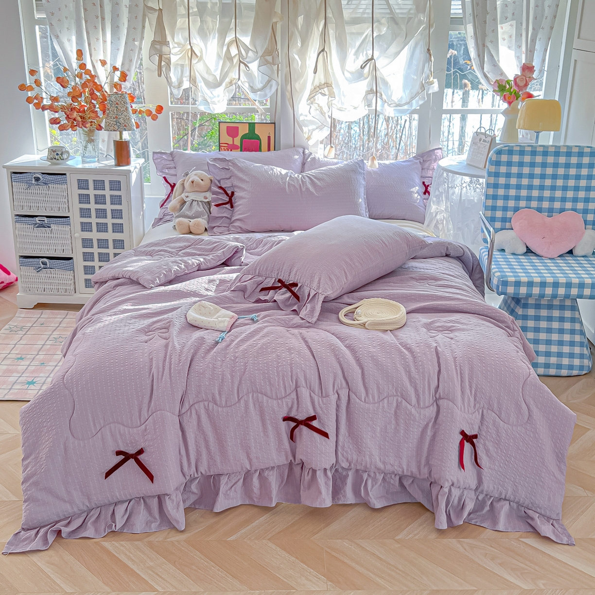 91家纺网 家纺一手货源 找家纺 爱彼家纺 2026新款纯色花边蝴蝶结夏被空调被夏凉被 蝴蝶结夏被-小兔芋泥