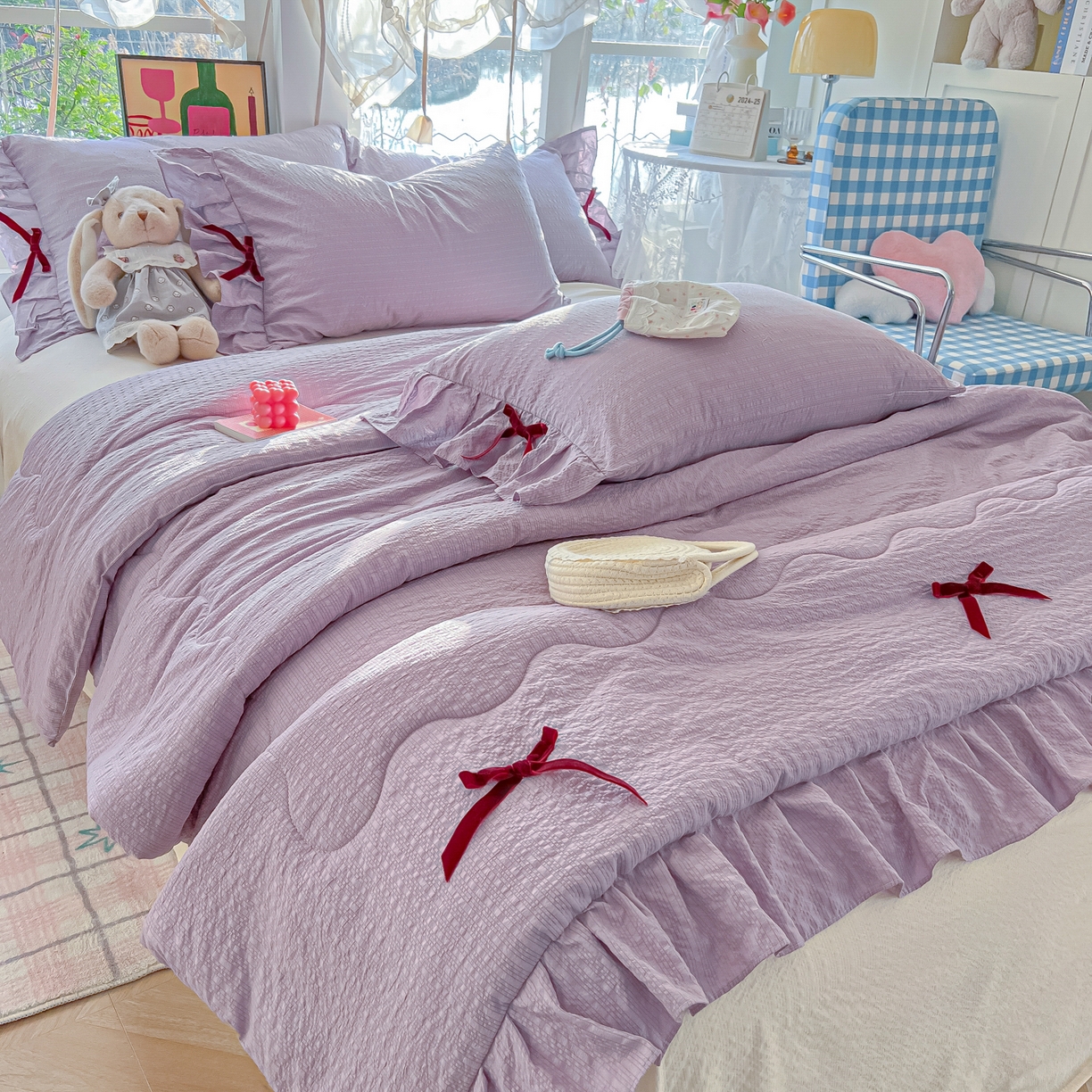 91家纺网 家纺一手货源 找家纺 爱彼家纺 2026新款纯色花边蝴蝶结夏被空调被夏凉被 蝴蝶结夏被-小兔芋泥