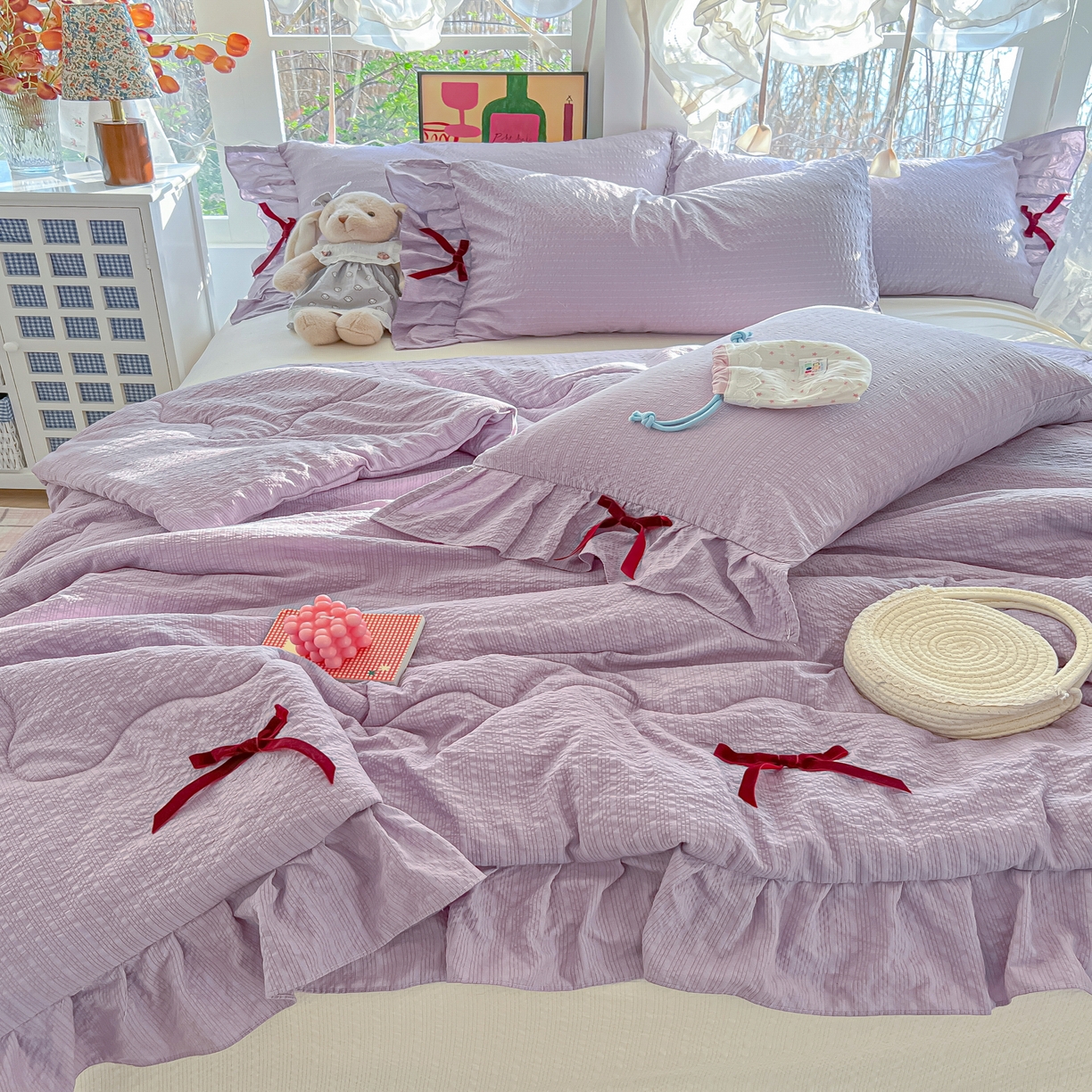 91家纺网 家纺一手货源 找家纺 爱彼家纺 2026新款纯色花边蝴蝶结夏被空调被夏凉被 蝴蝶结夏被-小兔芋泥