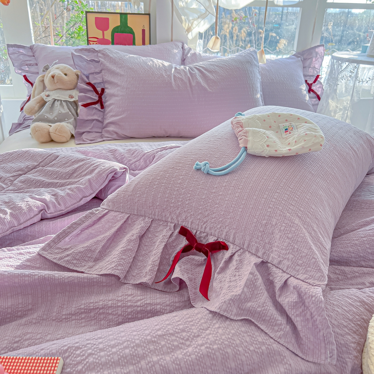 91家纺网 家纺一手货源 找家纺 爱彼家纺 2026新款纯色花边蝴蝶结夏被空调被夏凉被 蝴蝶结夏被-小兔芋泥