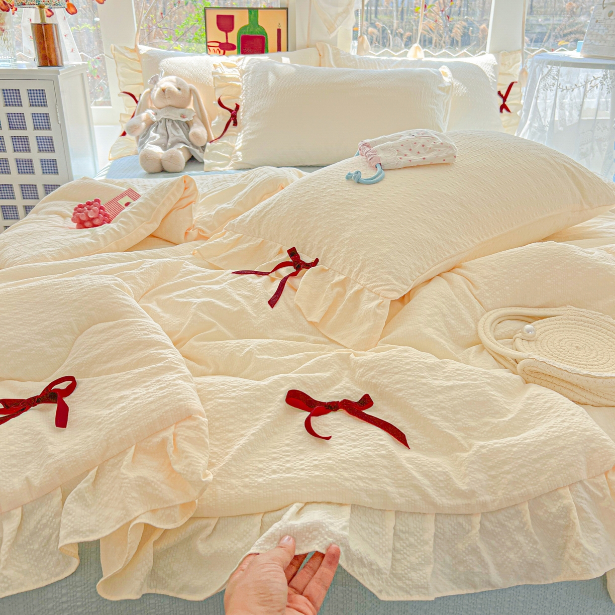 爱彼家纺 2026新款纯色花边蝴蝶结夏被空调被夏凉被 蝴蝶结夏被-芝士奶冻