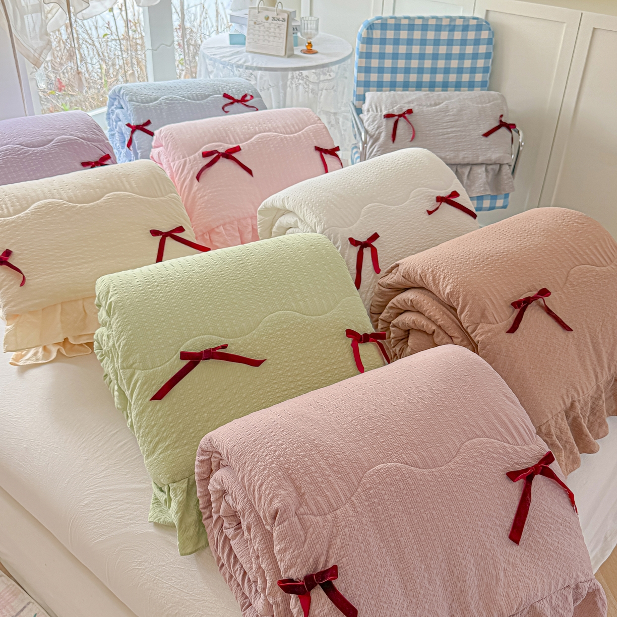 爱彼家纺 2026新款纯色花边蝴蝶结夏被空调被夏凉被 组合图仅供参考不可下单