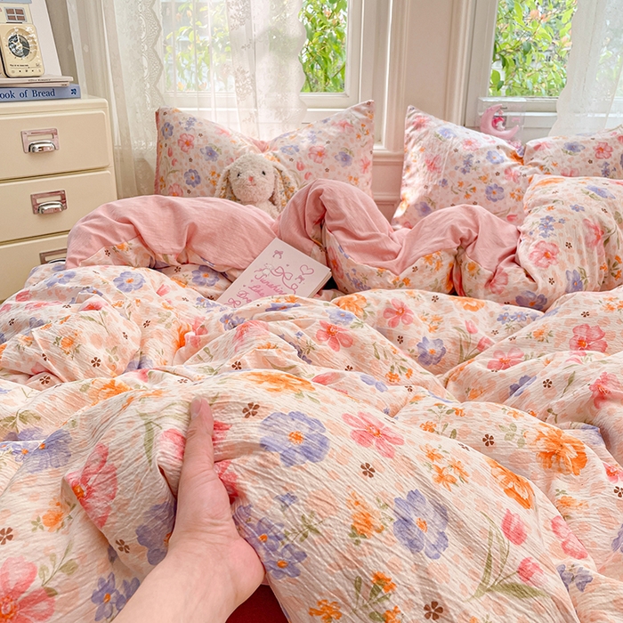 91家纺网 家纺一手货源 找家纺 梦卓家纺 2026新款超柔云感木棉双层纱四件套 花梦