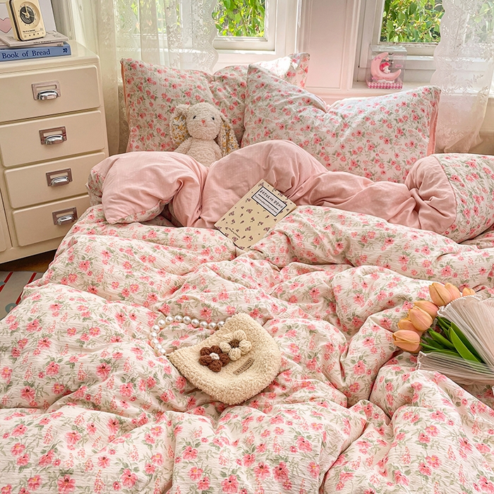 91家纺网 家纺一手货源 找家纺 梦卓家纺 2026新款超柔云感木棉双层纱四件套 花田