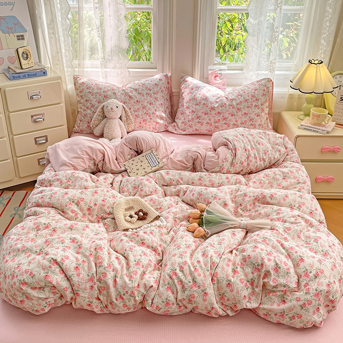 91家纺网 家纺一手货源 找家纺 梦卓家纺 2026新款超柔云感木棉双层纱四件套 花田