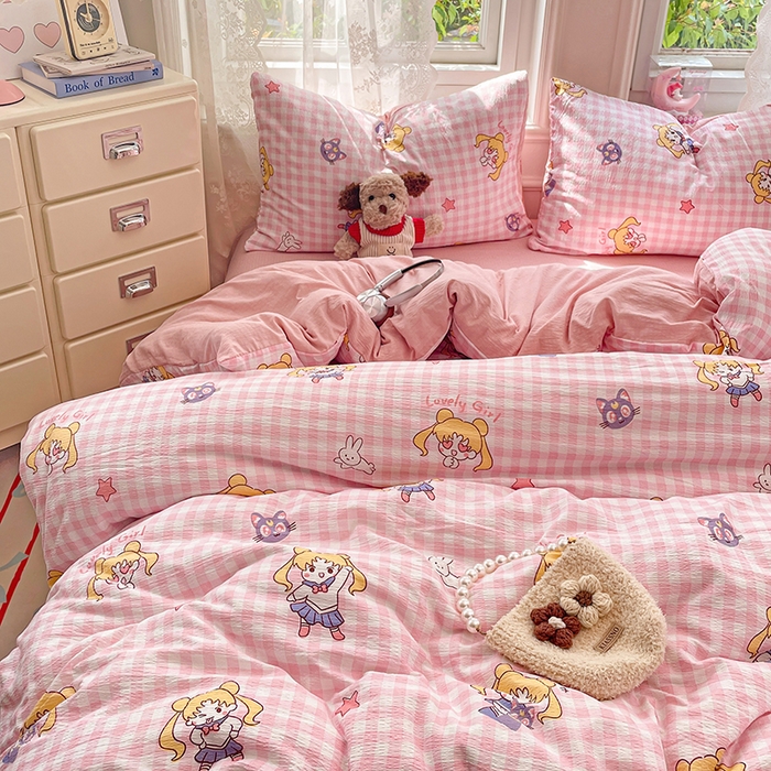 91家纺网 家纺一手货源 找家纺 梦卓家纺 2026新款超柔云感木棉双层纱四件套 美少女战士