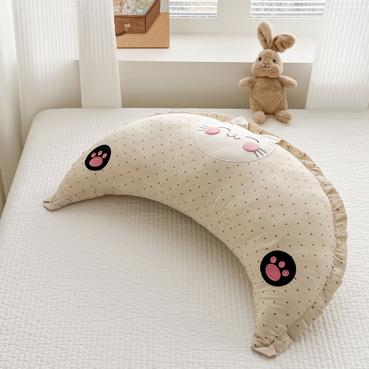 91家纺网 家纺一手货源 找家纺 蔻眠 多功能月亮猫棉麻大抱枕靠枕卡通枕芯异形枕头 月亮猫-波点