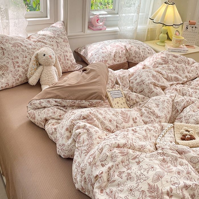 91家纺网 家纺一手货源 找家纺 梦卓家纺 2026新款超柔云感木棉双层纱四件套 蘑菇小兔屋