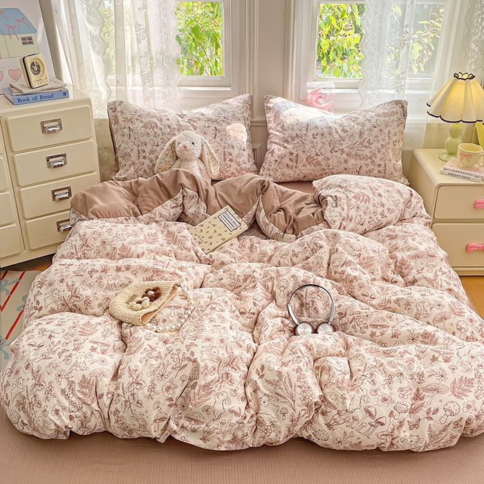 91家纺网 家纺一手货源 找家纺 梦卓家纺 2026新款超柔云感木棉双层纱四件套 蘑菇小兔屋