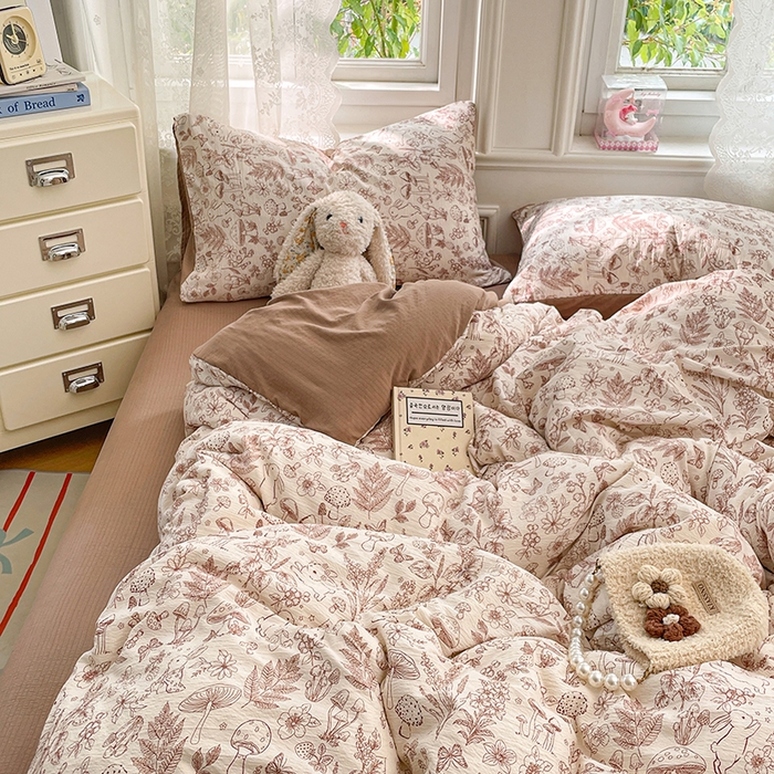 91家纺网 家纺一手货源 找家纺 梦卓家纺 2026新款超柔云感木棉双层纱四件套 蘑菇小兔屋