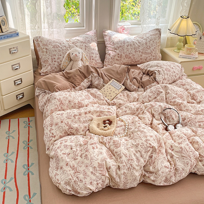 91家纺网 家纺一手货源 找家纺 梦卓家纺 2026新款超柔云感木棉双层纱四件套 蘑菇小兔屋