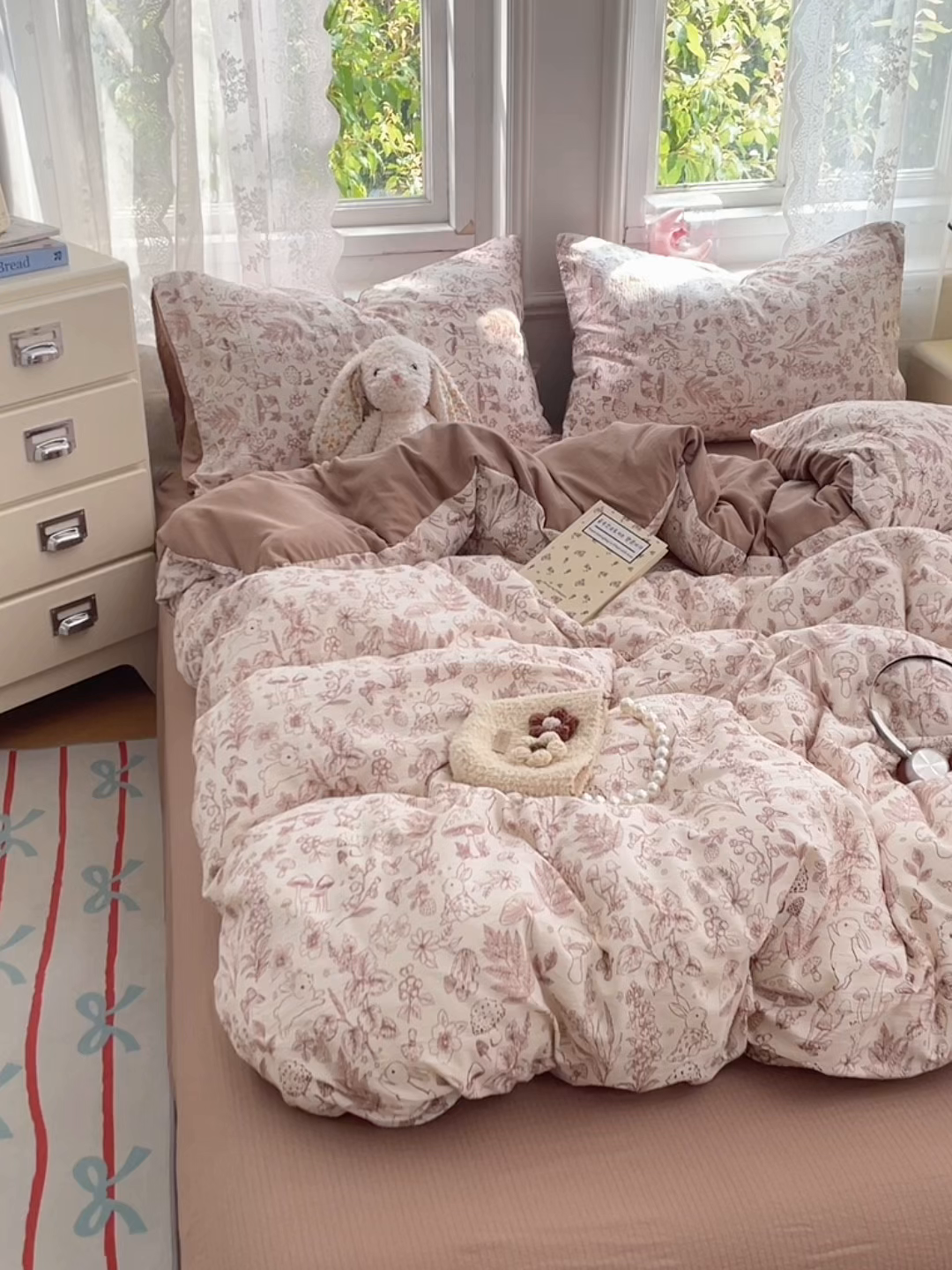 91家纺网 家纺一手货源 找家纺 梦卓家纺 2026新款超柔云感木棉双层纱四件套 蘑菇小兔屋