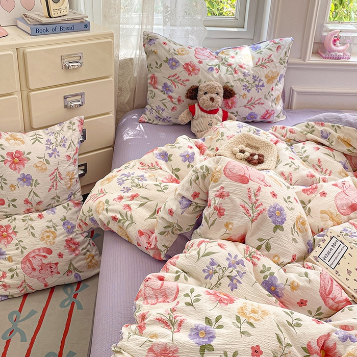 91家纺网 家纺一手货源 找家纺 梦卓家纺 2026新款超柔云感木棉双层纱四件套 紫花小猫