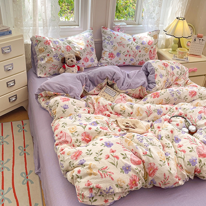 91家纺网 家纺一手货源 找家纺 梦卓家纺 2026新款超柔云感木棉双层纱四件套 紫花小猫