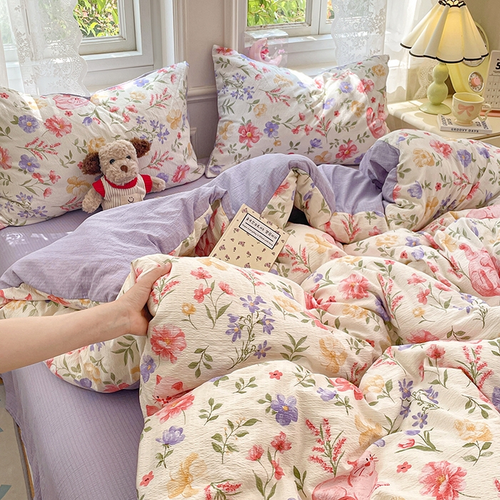 91家纺网 家纺一手货源 找家纺 梦卓家纺 2026新款超柔云感木棉双层纱四件套 紫花小猫