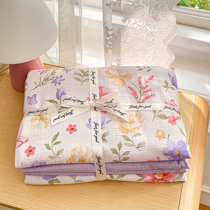 91家纺网 家纺一手货源 找家纺 梦卓家纺 2026新款超柔云感木棉双层纱四件套 紫花小猫