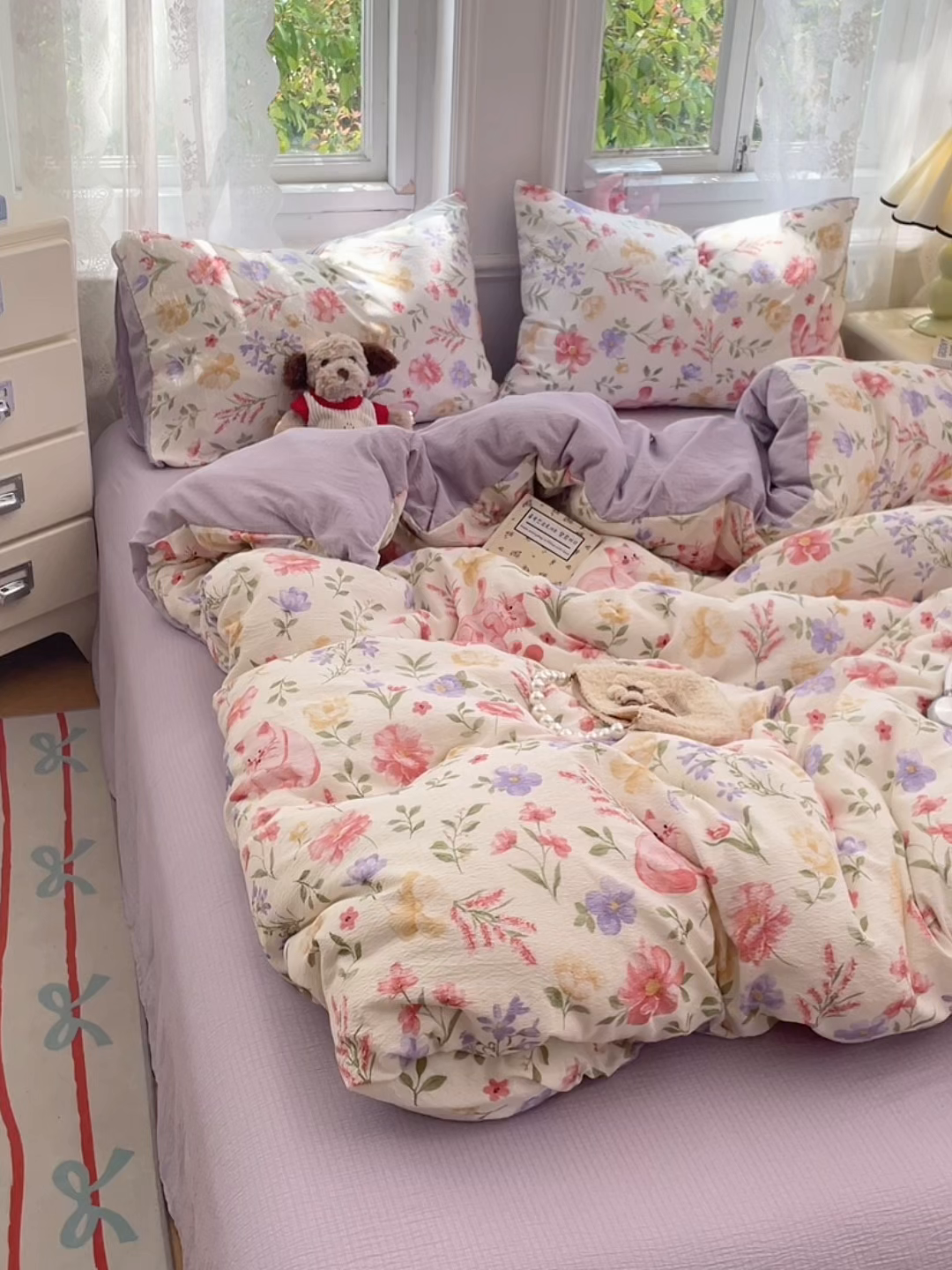 91家纺网 家纺一手货源 找家纺 梦卓家纺 2026新款超柔云感木棉双层纱四件套 紫花小猫