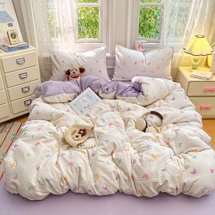 91家纺网 家纺一手货源 找家纺 梦卓家纺 2026新款超柔云感木棉双层纱四件套 紫梦蝶