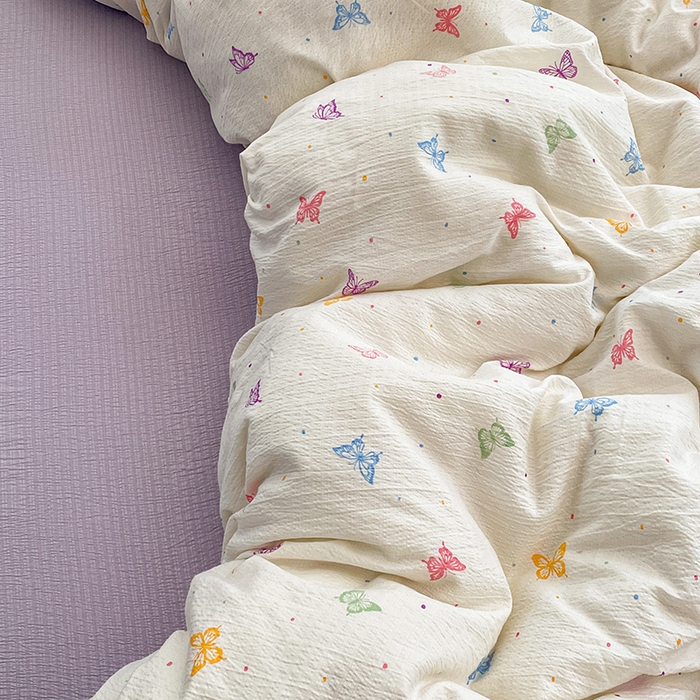 91家纺网 家纺一手货源 找家纺 梦卓家纺 2026新款超柔云感木棉双层纱四件套 紫梦蝶