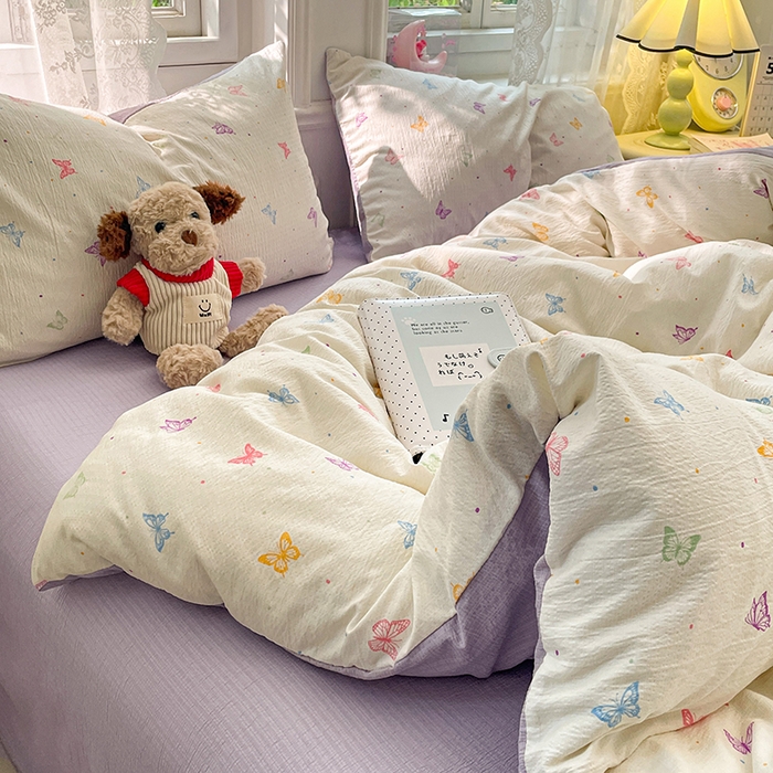 91家纺网 家纺一手货源 找家纺 梦卓家纺 2026新款超柔云感木棉双层纱四件套 紫梦蝶