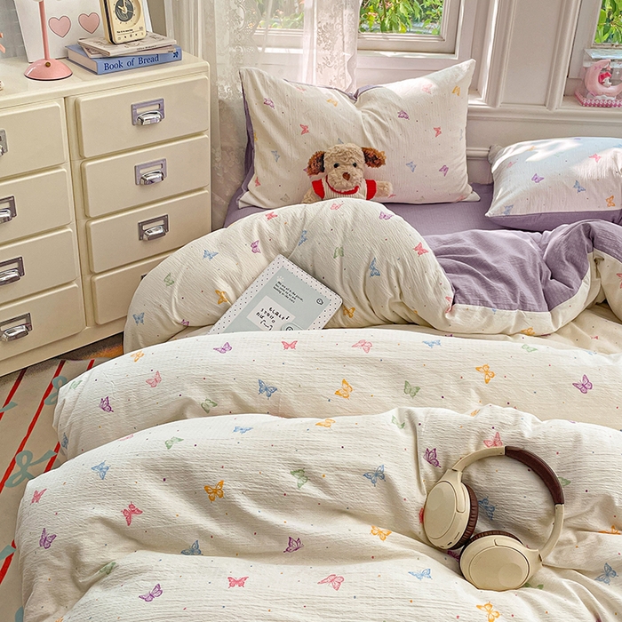 91家纺网 家纺一手货源 找家纺 梦卓家纺 2026新款云感木棉双层纱单品被套 紫梦蝶