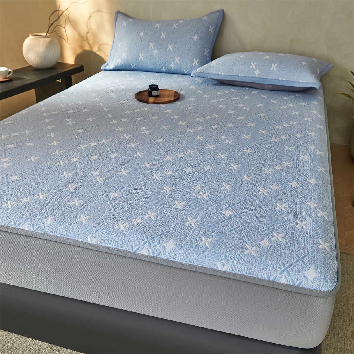 91家纺网 家纺一手货源 找家纺 慕木家纺 2026新款冰豆豆满天星凉席床笠席子凉席 床笠款-满天星-蓝