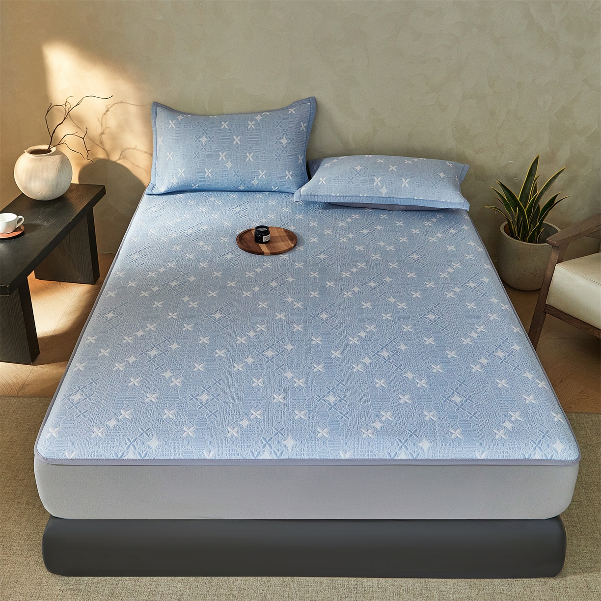 91家纺网 家纺一手货源 找家纺 慕木家纺 2026新款冰豆豆满天星凉席床笠席子凉席 床笠款-满天星-蓝