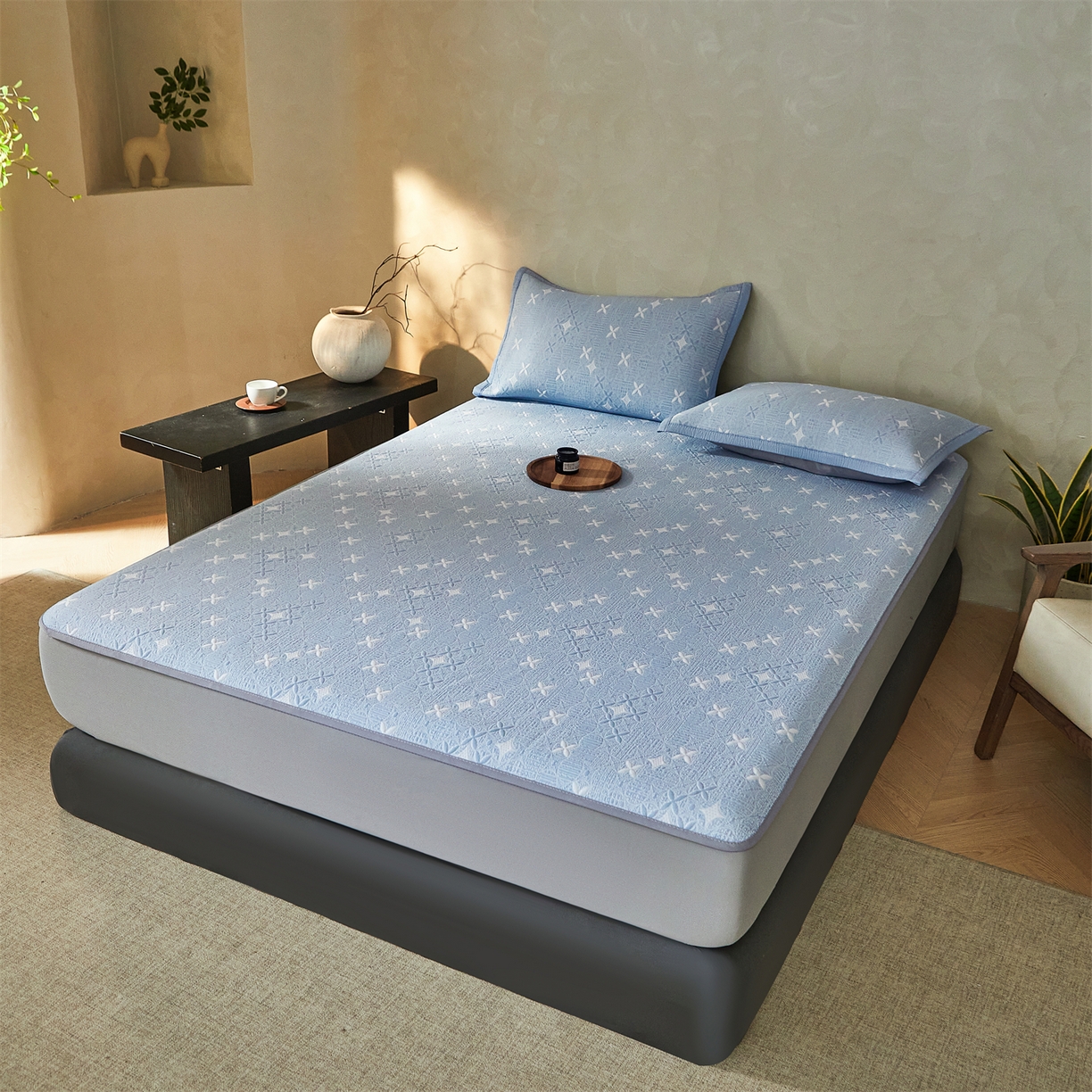 91家纺网 家纺一手货源 找家纺 慕木家纺 2026新款冰豆豆满天星凉席床笠席子凉席 床笠款-满天星-蓝