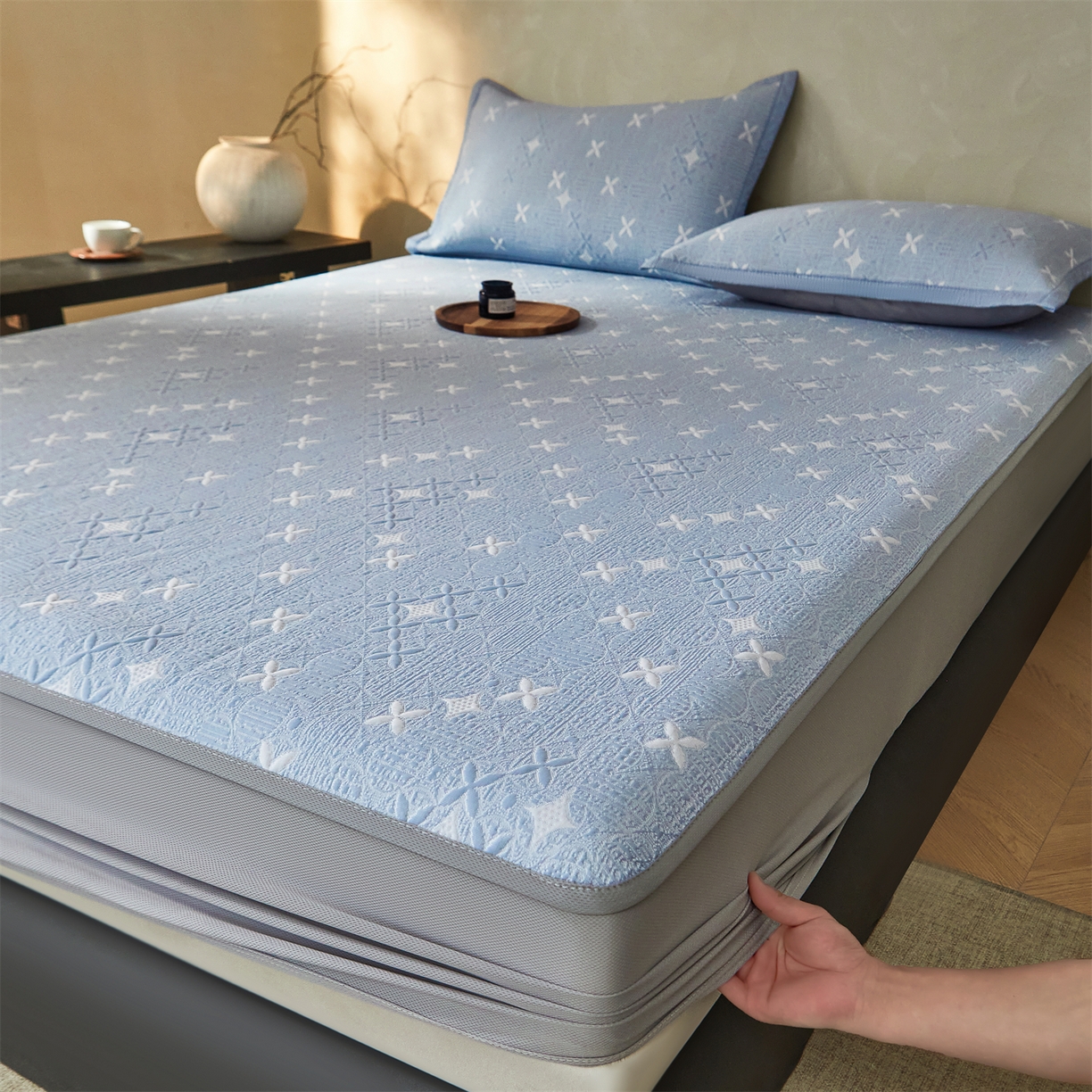 91家纺网 家纺一手货源 找家纺 慕木家纺 2026新款冰豆豆满天星凉席床笠席子凉席 床笠款-满天星-蓝