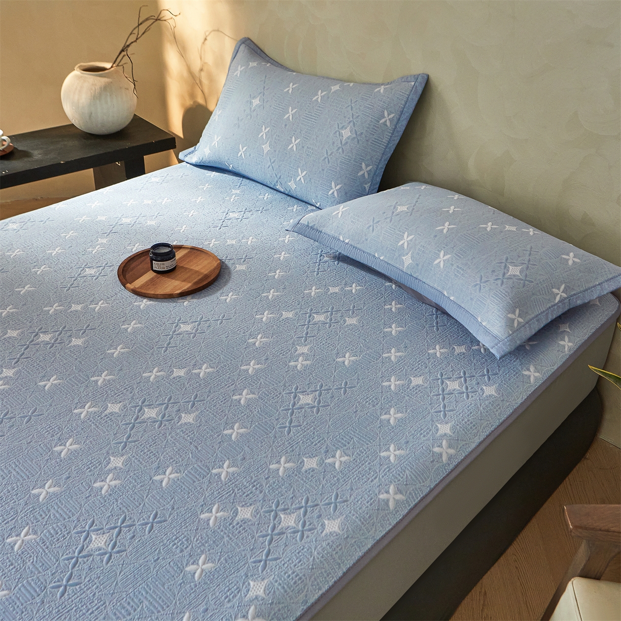 91家纺网 家纺一手货源 找家纺 慕木家纺 2026新款冰豆豆满天星凉席床笠席子凉席 床笠款-满天星-蓝