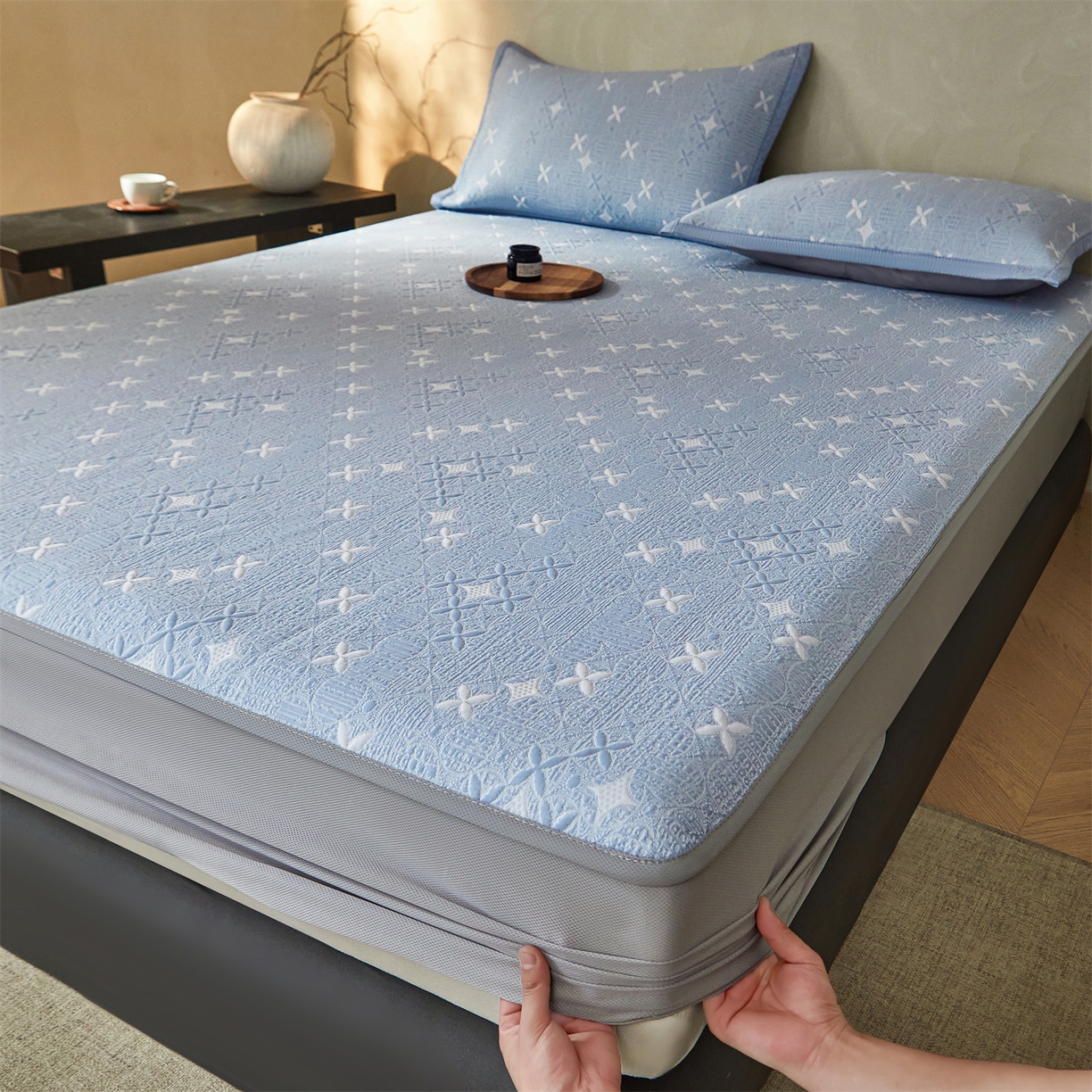 91家纺网 家纺一手货源 找家纺 慕木家纺 2026新款冰豆豆满天星凉席床笠席子凉席 床笠款-满天星-蓝