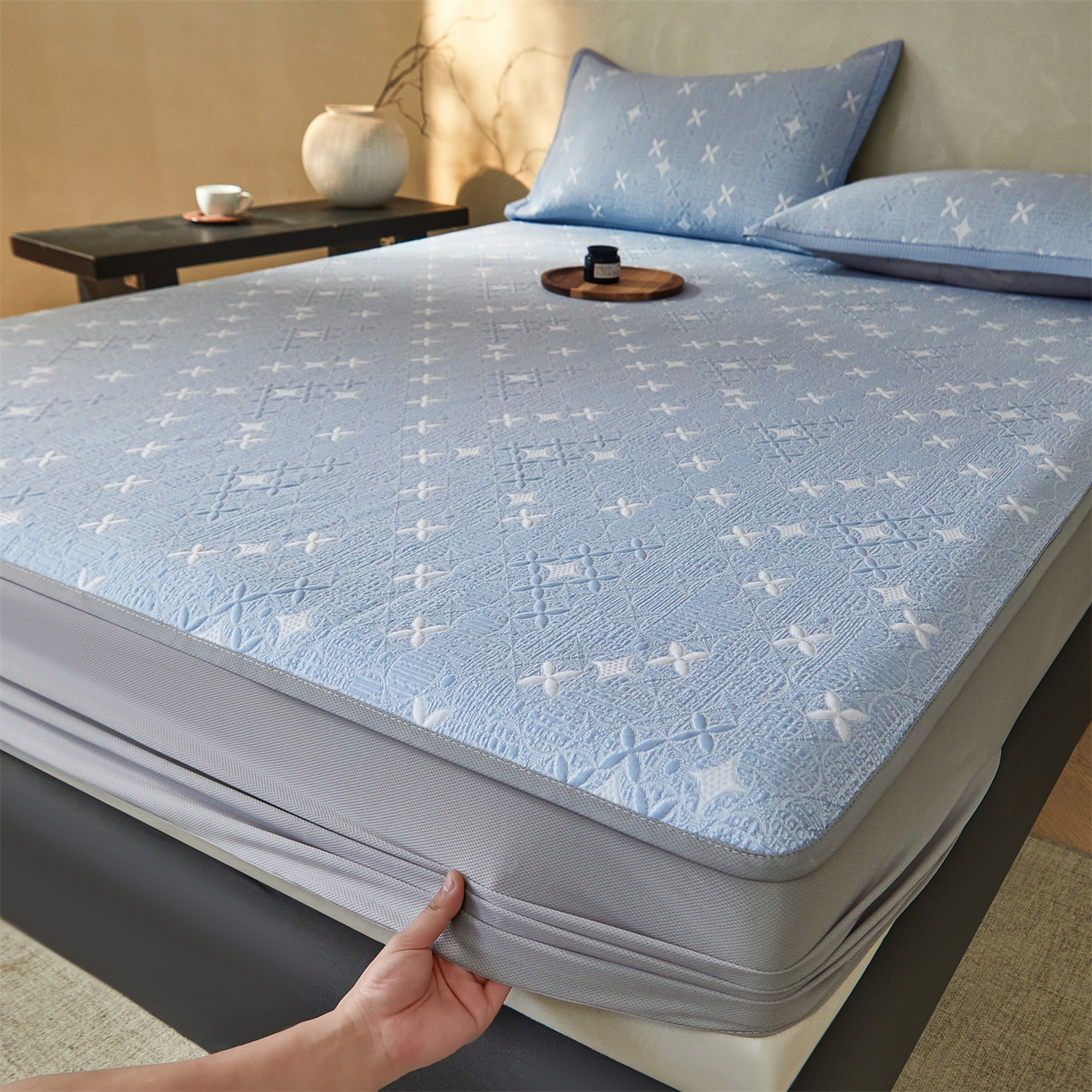 91家纺网 家纺一手货源 找家纺 慕木家纺 2026新款冰豆豆满天星凉席床笠席子凉席 床笠款-满天星-蓝