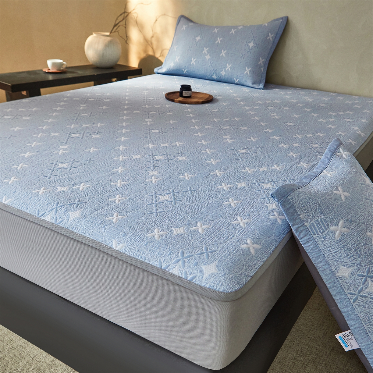 91家纺网 家纺一手货源 找家纺 慕木家纺 2026新款冰豆豆满天星凉席床笠席子凉席 床笠款-满天星-蓝