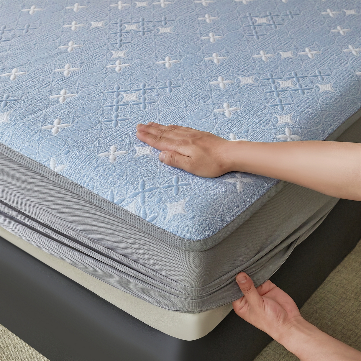 91家纺网 家纺一手货源 找家纺 慕木家纺 2026新款冰豆豆满天星凉席床笠席子凉席 床笠款-满天星-蓝