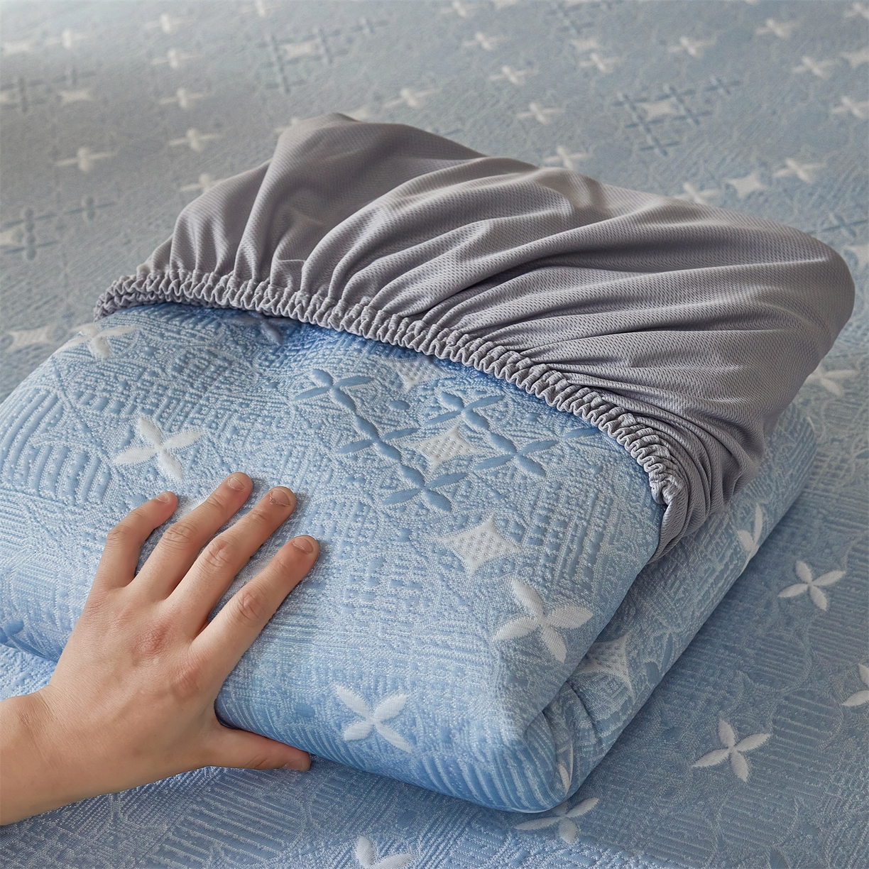 91家纺网 家纺一手货源 找家纺 慕木家纺 2026新款冰豆豆满天星凉席床笠席子凉席 床笠款-满天星-蓝