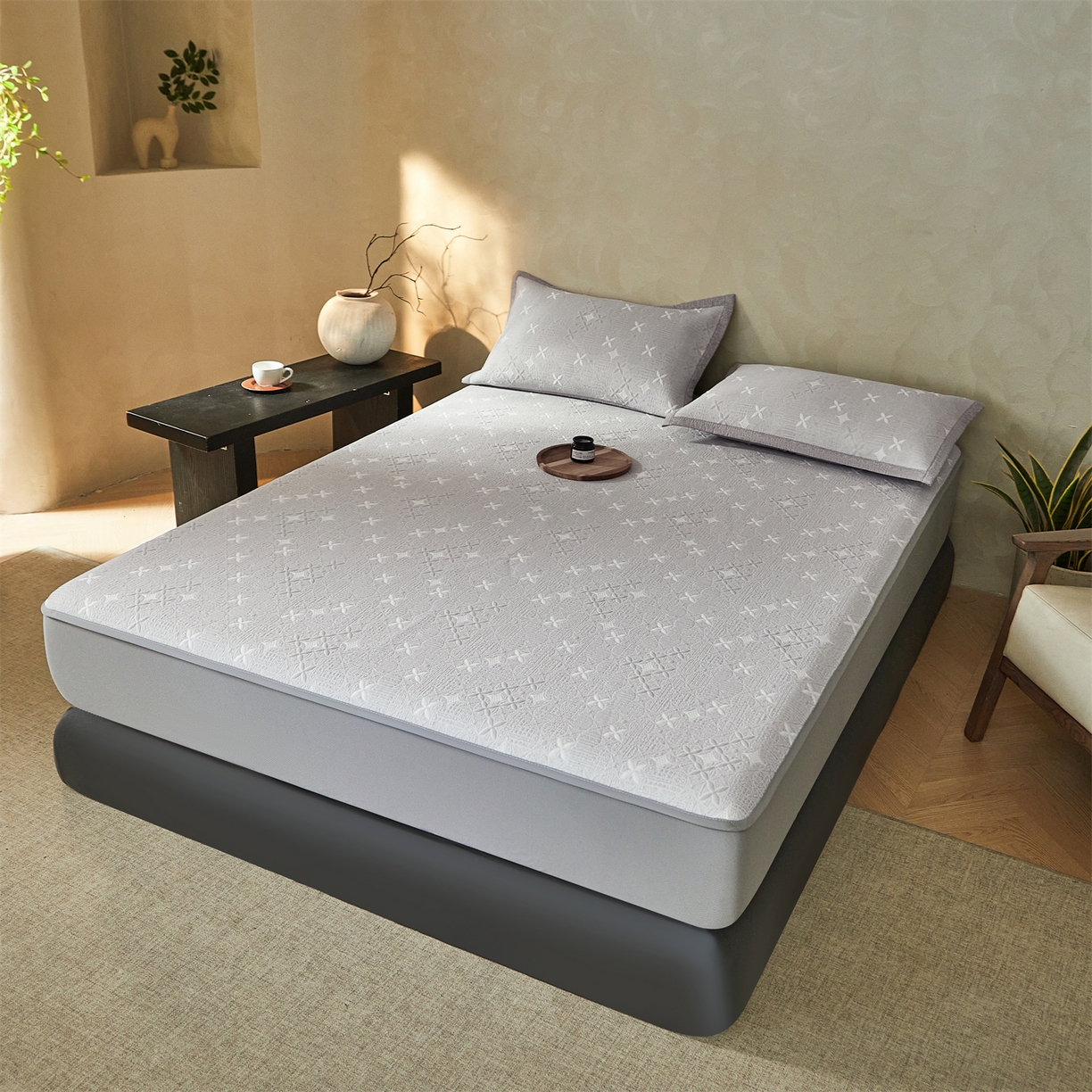 91家纺网 家纺一手货源 找家纺 慕木家纺 2026新款冰豆豆满天星凉席床笠席子凉席 床笠款-满天星-灰