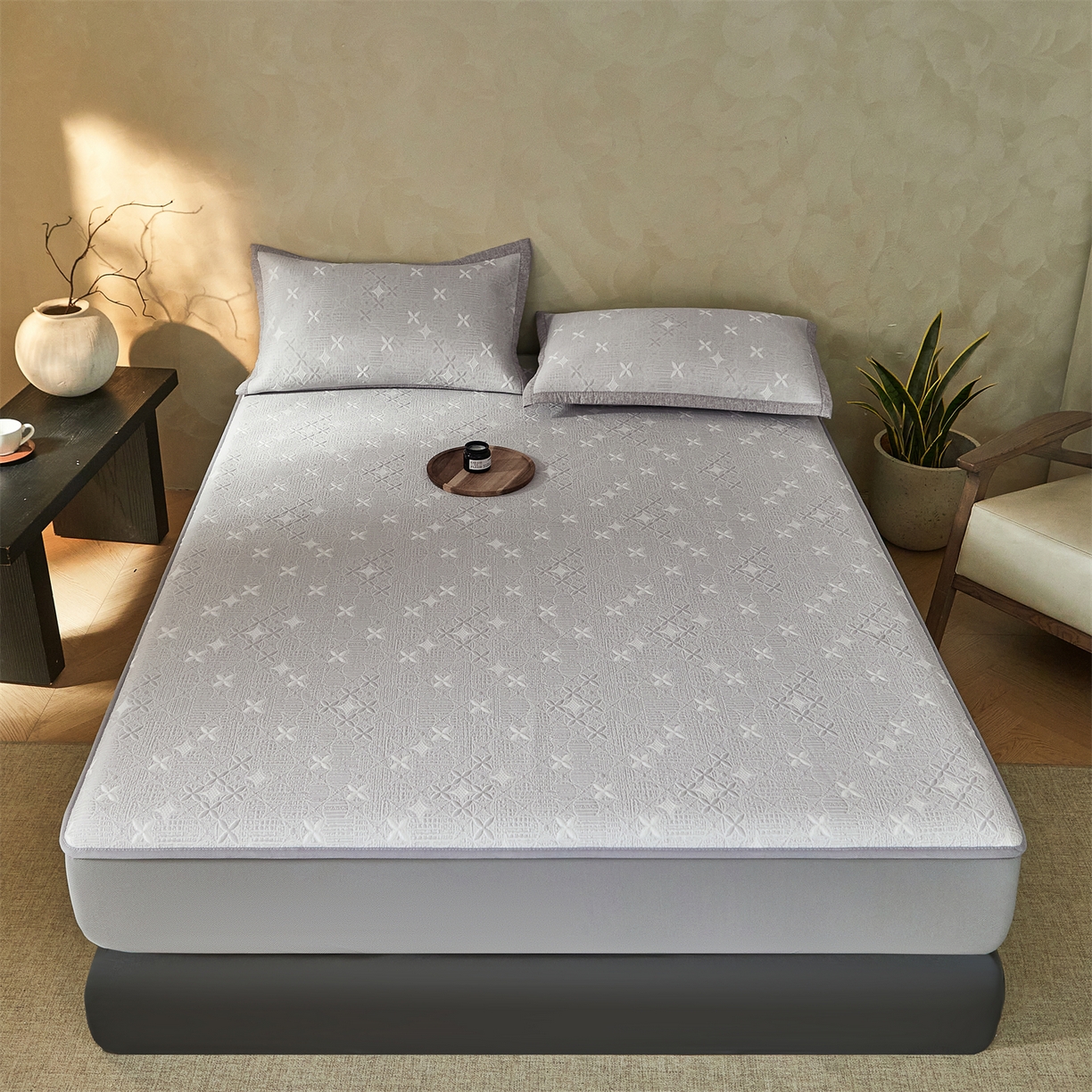 91家纺网 家纺一手货源 找家纺 慕木家纺 2026新款冰豆豆满天星凉席床笠席子凉席 床笠款-满天星-灰