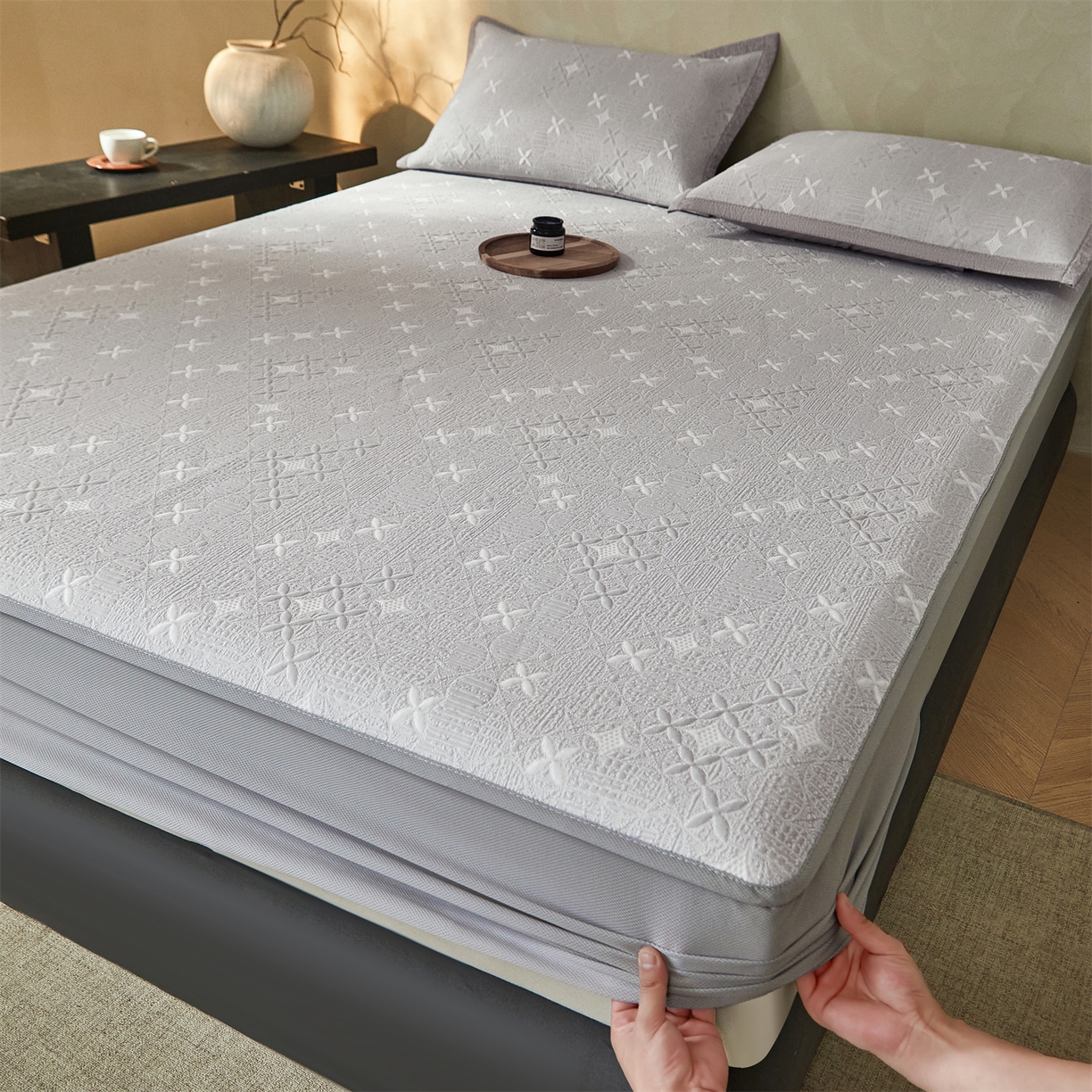 91家纺网 家纺一手货源 找家纺 慕木家纺 2026新款冰豆豆满天星凉席床笠席子凉席 床笠款-满天星-灰