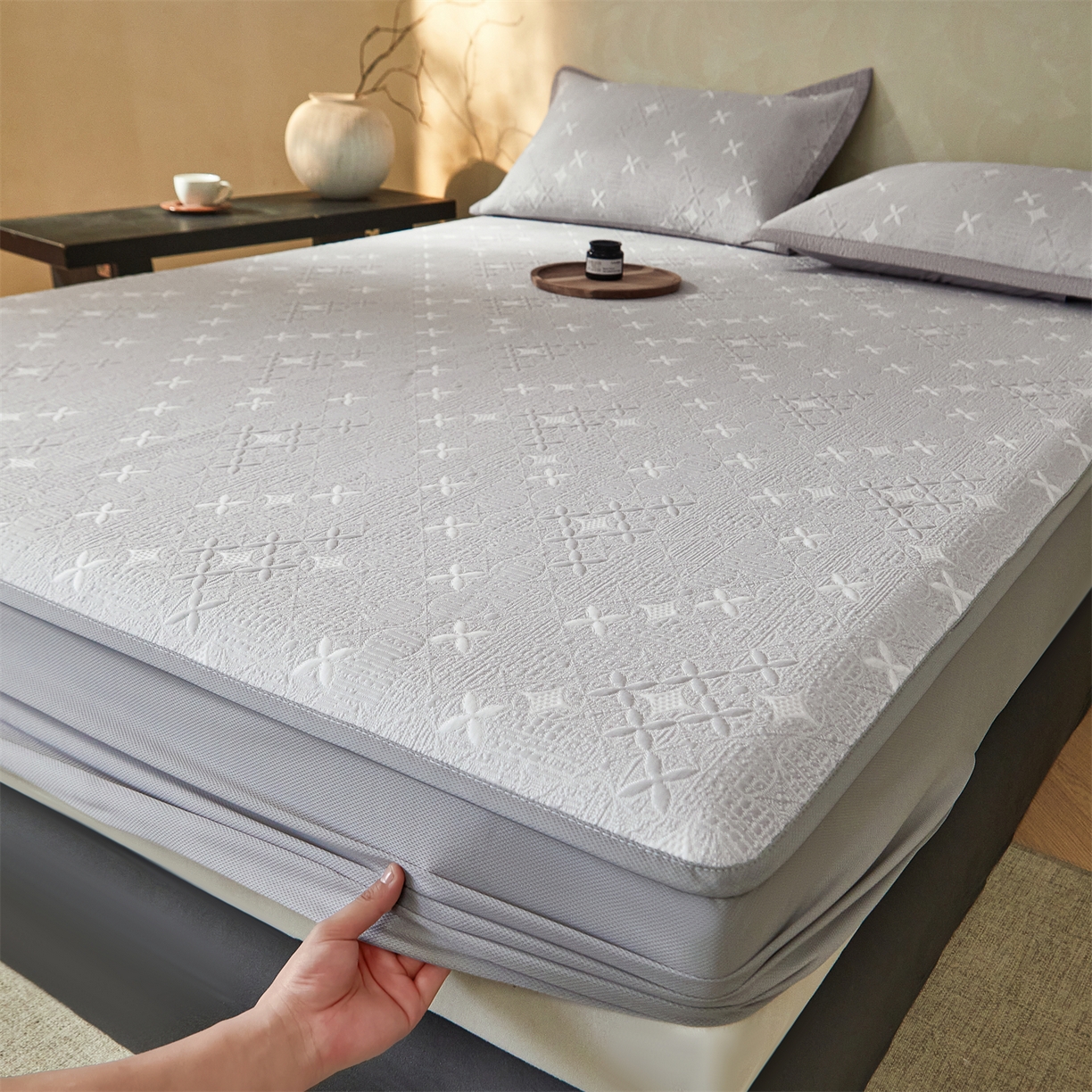 91家纺网 家纺一手货源 找家纺 慕木家纺 2026新款冰豆豆满天星凉席床笠席子凉席 床笠款-满天星-灰